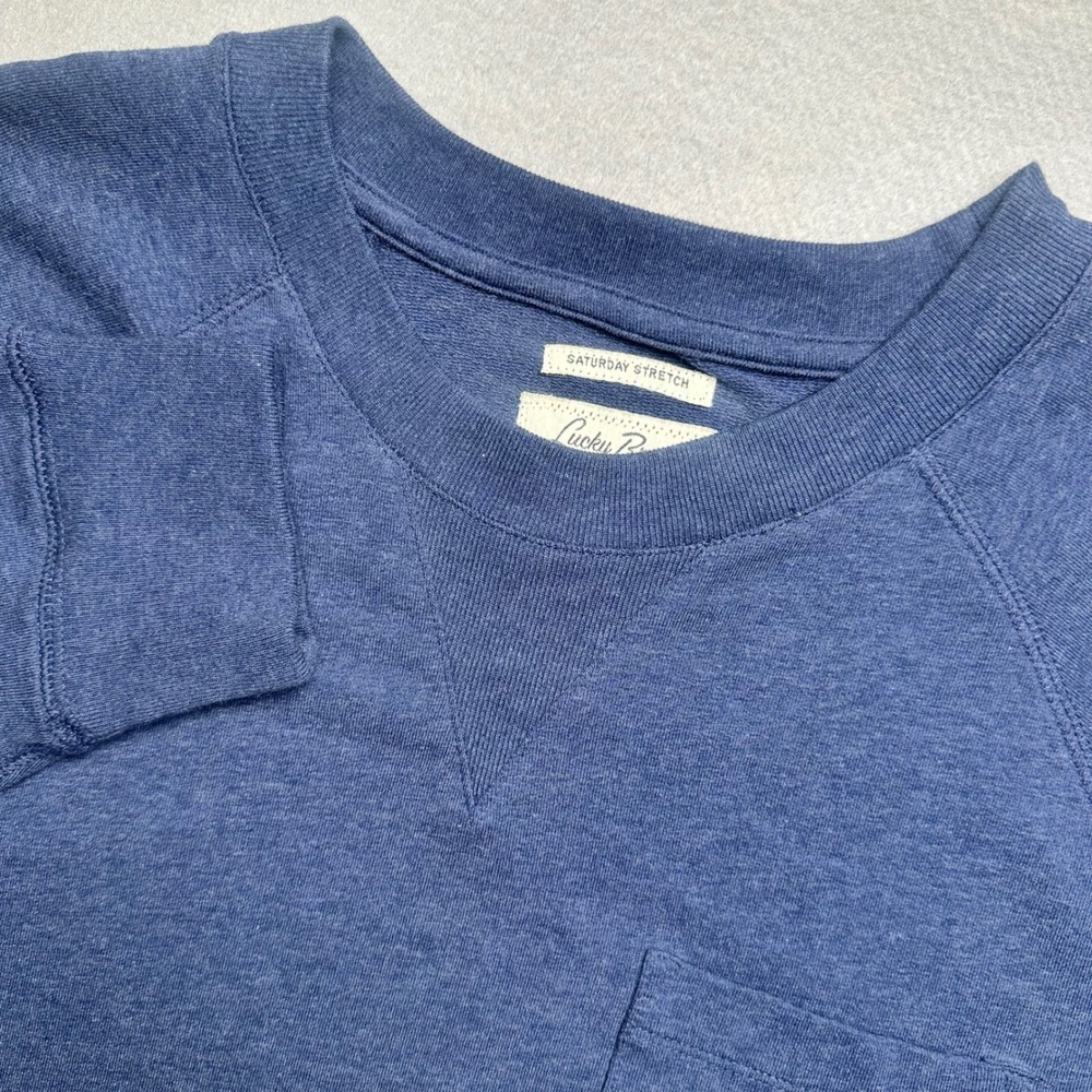 Lucky Brand Sweatshirt Mens Large Blue Saturday Stretch Grey Label Pocket Crew